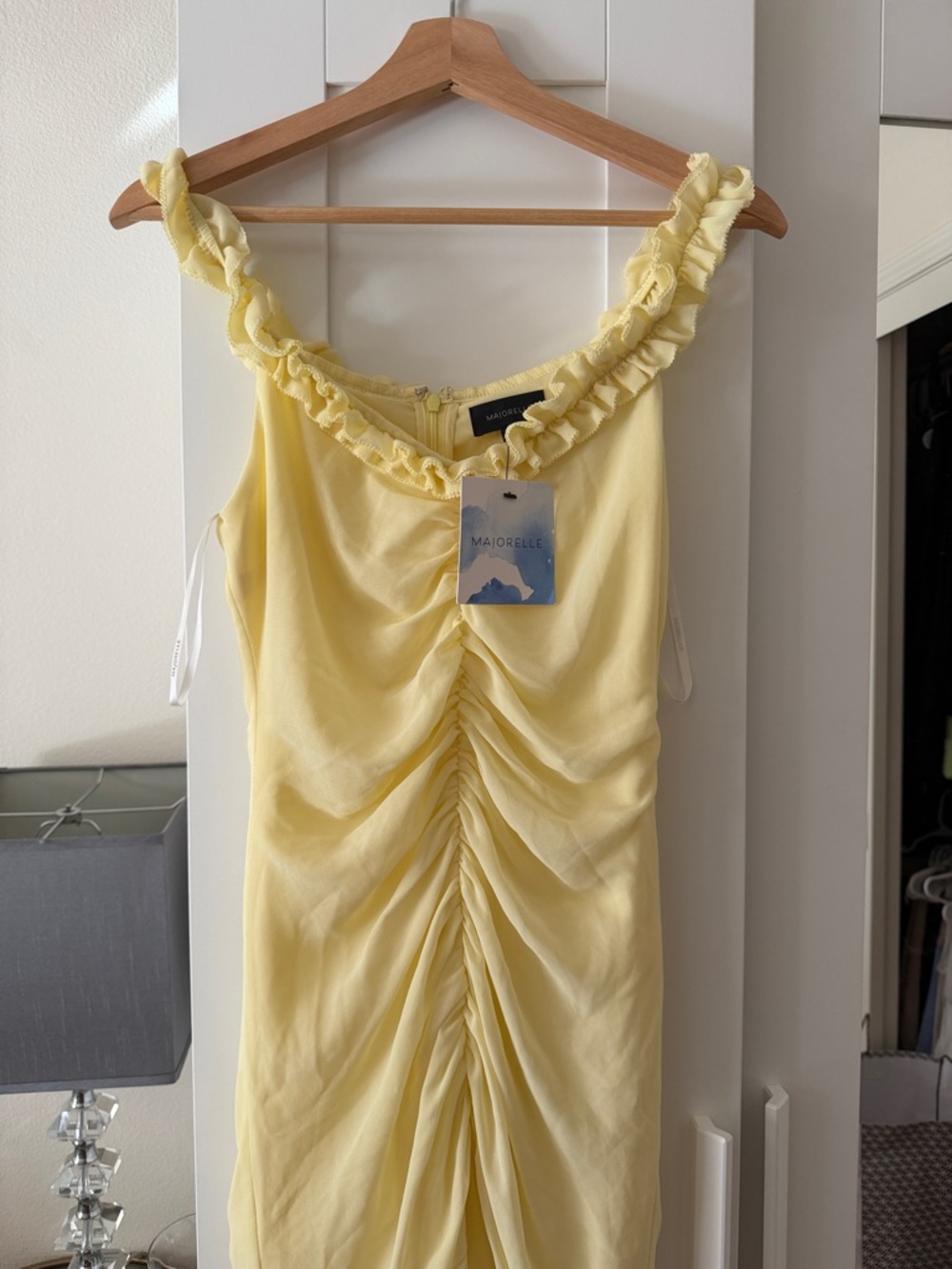 MAJORELLE Pale Yellow Ruffle Ruched Midi Dress size small NWT